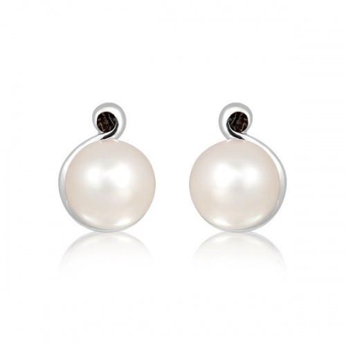 Nona S Pearl and Smoky Quartz - stříbrné náušnice s perlou a kamenem quartz