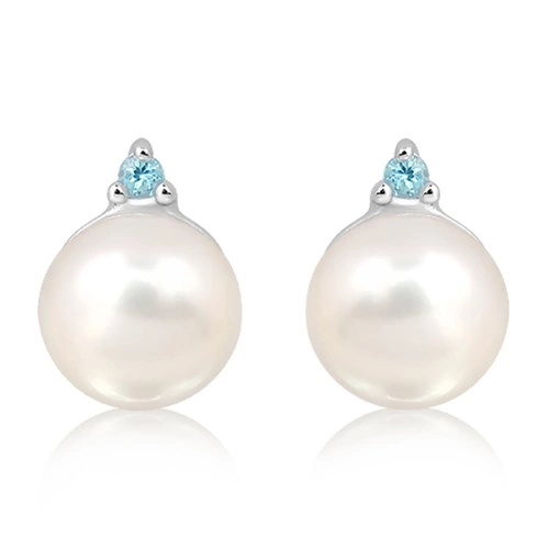 Januba S Pearl and Blue Topaz stříbrné náušnice s perlou a modrým topazem