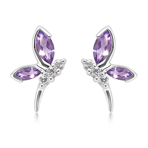 Wave S Amethyst + White Topaz stříbrné náušnice s ametystem a bílým topazem