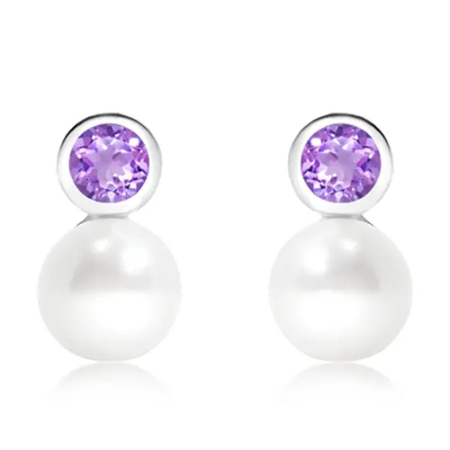 Nemi S Pearl + Amethyst  stříbrné náušnice s perlou a ametystem